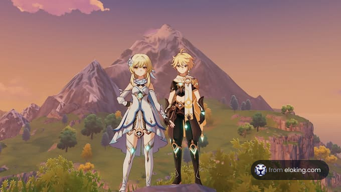 Two adventurers standing against the backdrop of majestic mountains during sunset.