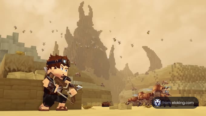 砂漠のゲームシーンにいる冒険的なキャラクター。