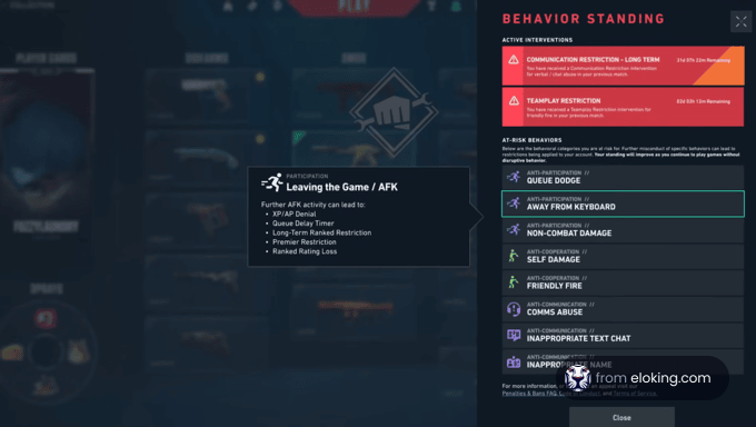 Overview of behavior standing in a game, highlighting leaving the game and AFK penalties.