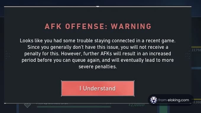 Screenshot of a gaming AFK offense warning message