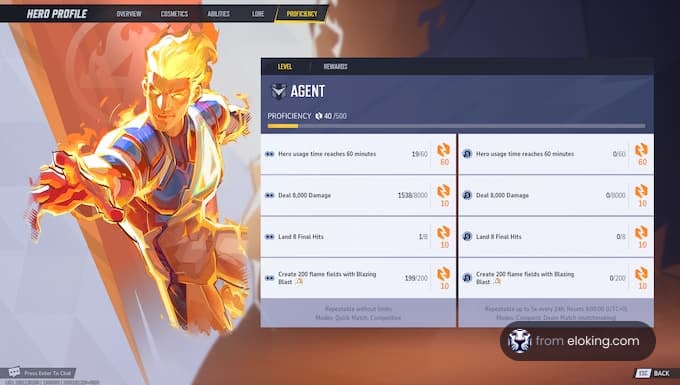 Profile of the hero agent showing proficiency and game statistics.