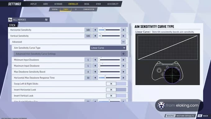 Settings for aim sensitivity curve type in a controller configuration