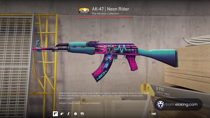 Colorful AK-47 Neon Rider from the Horizon Collection in a video game environment