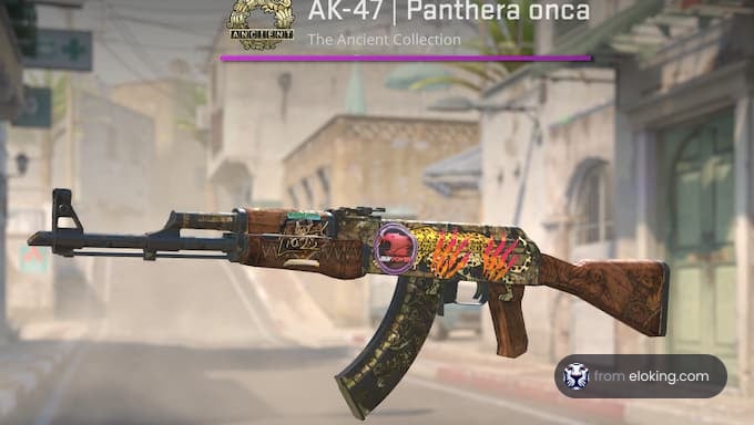 Decorated AK-47 rifle from the Ancient Collection displayed in a game environment