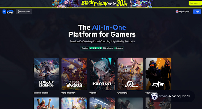 Homepage of a gaming platform offering Black Friday deals with game icons for League of Legends, World of Warcraft, Valorant, Overwatch, and CS:GO