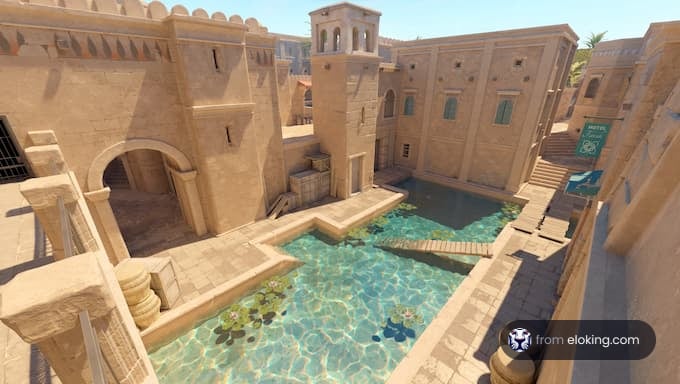 View of an ancient desert city with clear blue pool