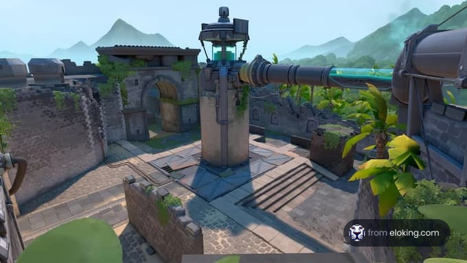 A scenic view of a virtual ancient fortress with a strategic tower and weapon installations