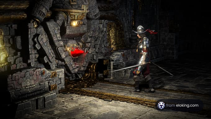A knight exploring an ancient temple with a glowing red gem.