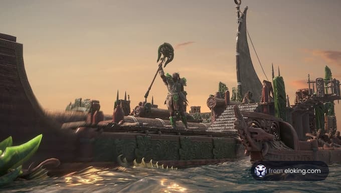 An ancient warrior stands triumphantly on a ship during a battle.