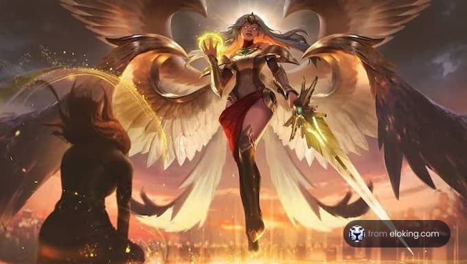 An angelic warrior stands triumphant with glowing armor and wings.