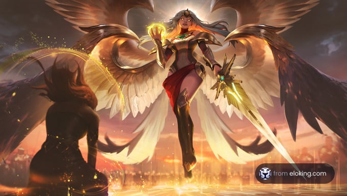 Angelic warrior with wings wielding magic and sword at sunset