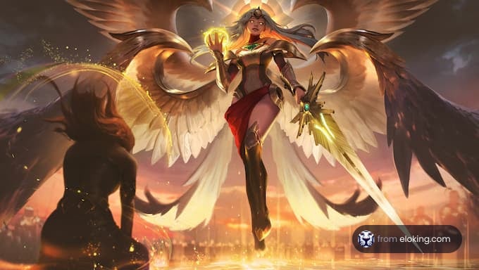 Angelic warrior with large wings in a dramatic sunset scene