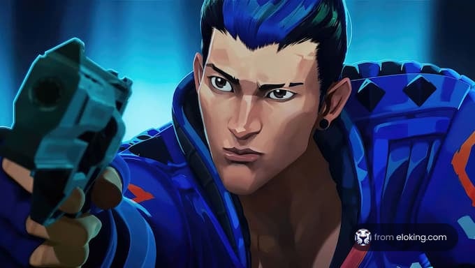 Animated character with blue hair holding a gun