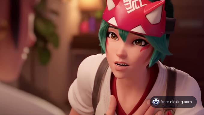 Animated female character with green hair wearing a fox mask in a conversation