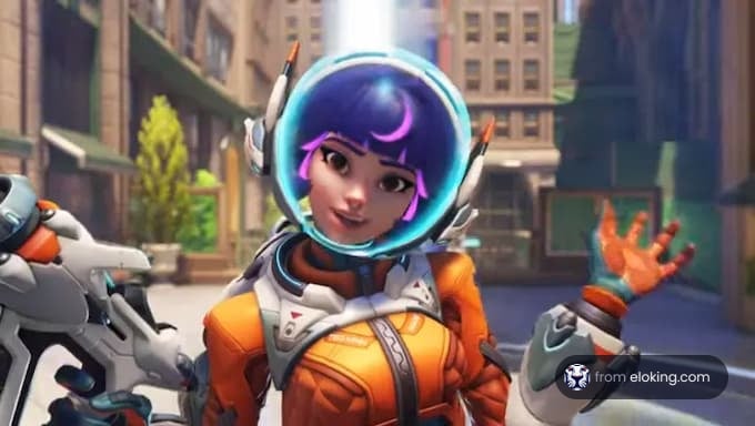 Animated female character with a futuristic helmet in an urban setting