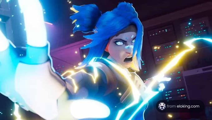 Animated character with blue hair charging energy in a high-tech setting