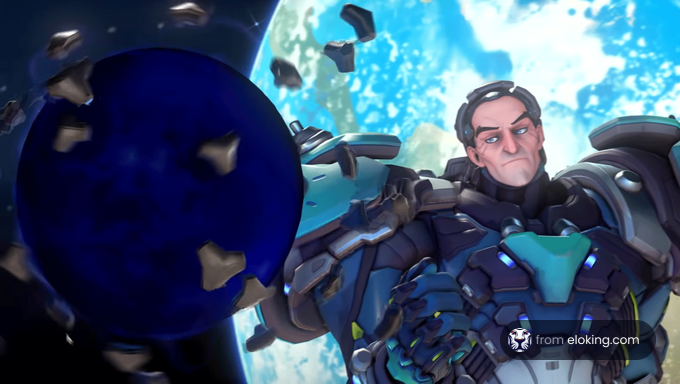 Animated character in space armor breaking a meteor with earth in the background
