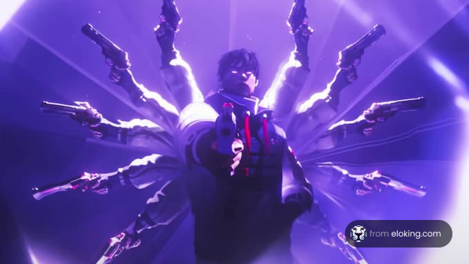 Animated character surrounded by multiple firearms in a dynamic pose with intense purple lighting