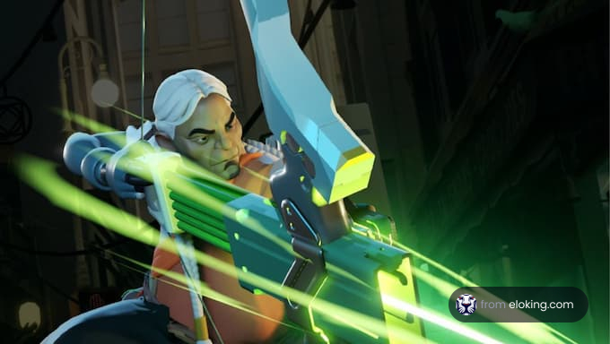 Animated character wielding a futuristic green energy weapon