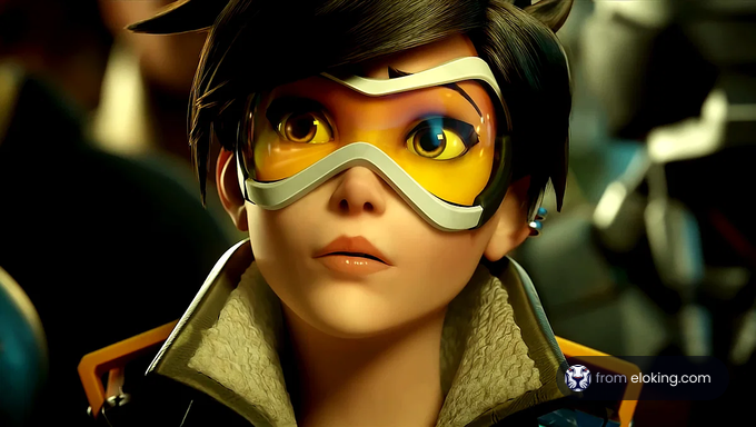 Animated character with futuristic goggles and a surprised expression