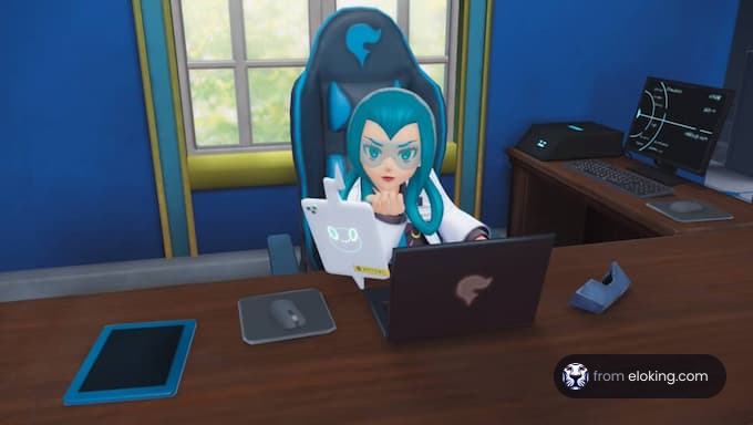An animated character working at a desk with a laptop.