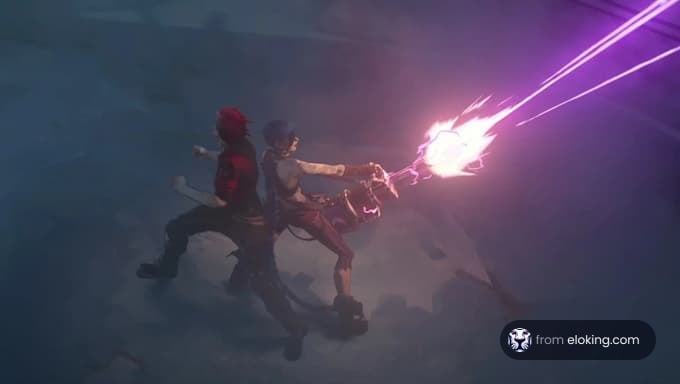 Two animated characters engaged in an intense combat scene with energy beams