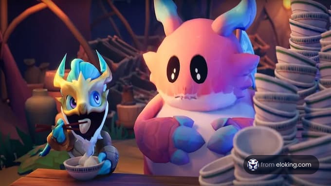 Animated characters enjoying a meal together in a whimsical setting