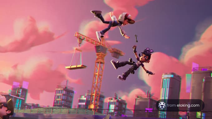 Due personaggi animati che volano in una citt&agrave; vibrante al tramonto.