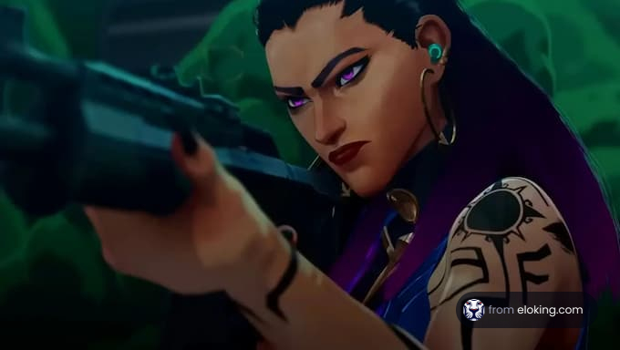 Animated female character with a serious expression aiming a gun