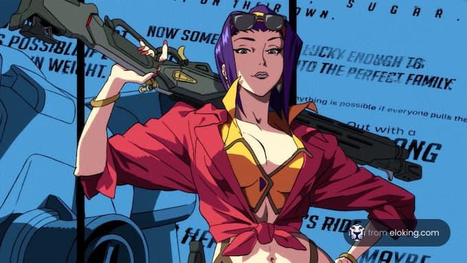 Stylish animated female character posing with futuristic weapons