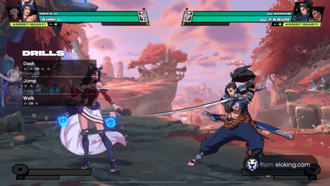 Animated characters engaging in a fight in a video game with a scenic backdrop