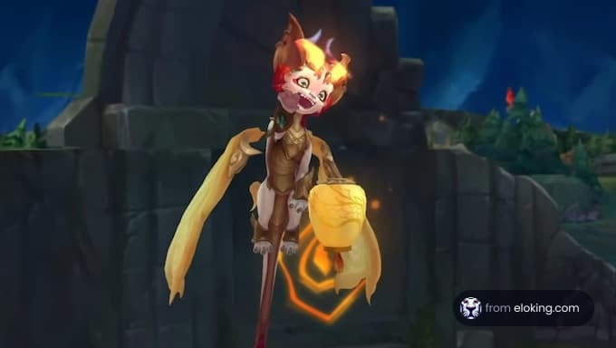 Animated fire creature with a lantern in a fantasy game setting