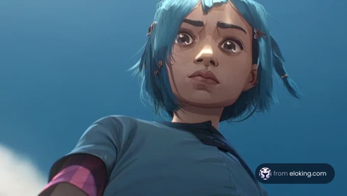 Animated girl with blue hair looking up at the sky