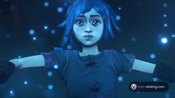 Animated girl with blue hair surrounded by magical lights