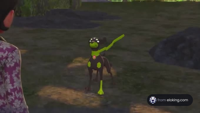 Ein animierter grüner Hund, der im Park spielt.