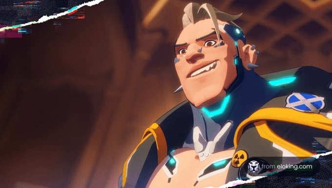 Animated character smiling confidently in a vibrant action scene