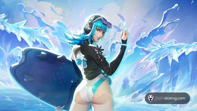 A girl surfing on ice with blue hair and a stylish outfit.