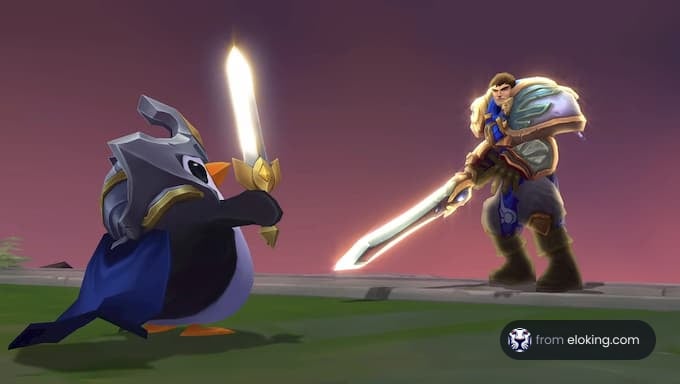 Animated knight facing a penguin with a sword