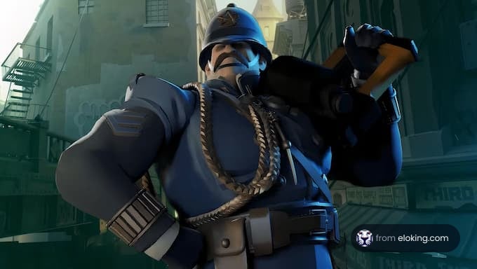 An animated police officer character striking a confident pose.