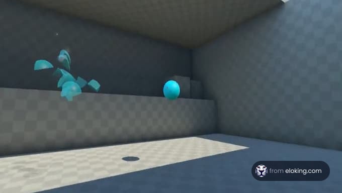 Animated blue birds fluttering in a stylized virtual room