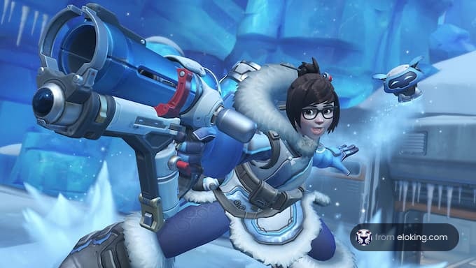 Animated female character with ice gun in snowy environment