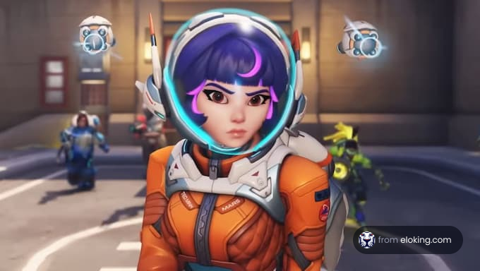 Animated character in space suit with futuristic helmet in video game scenario