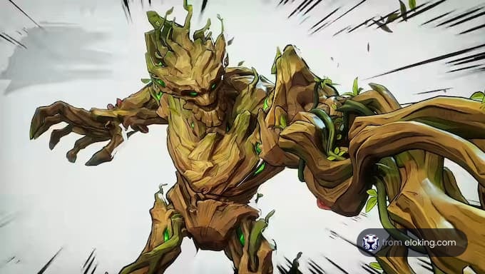 An animated tree guardian in a dynamic pose