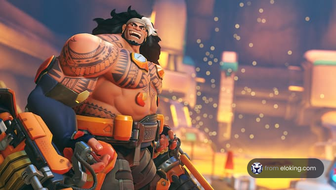 Animated character with tattoos laughing in a futuristic city environment