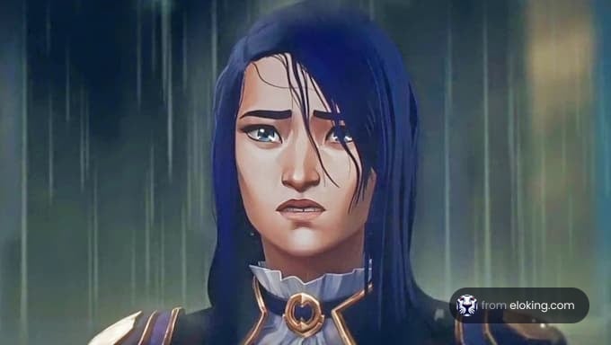 Anime style illustration of a warrior woman with blue hair in the rain