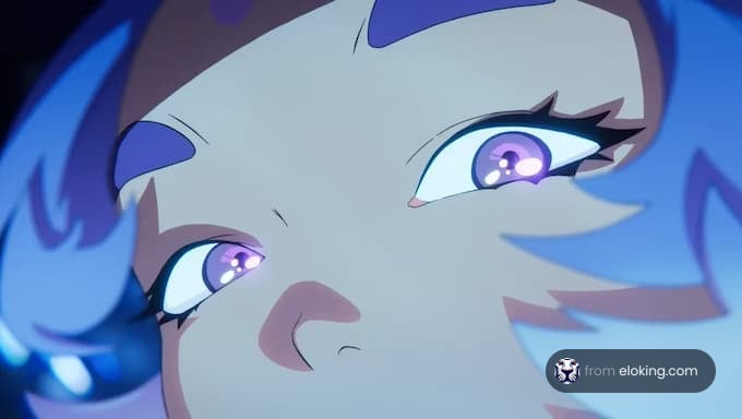 Close up of an anime character with purple eyes and hair