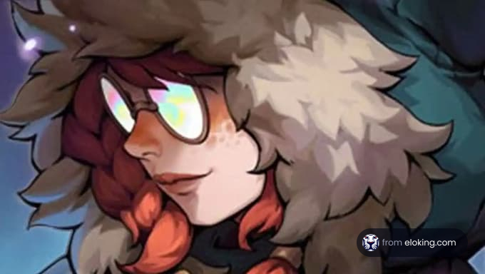 Anime character with glowing glasses and a furry hood