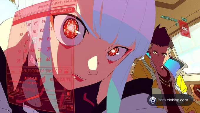 Futuristic anime characters with digital interface