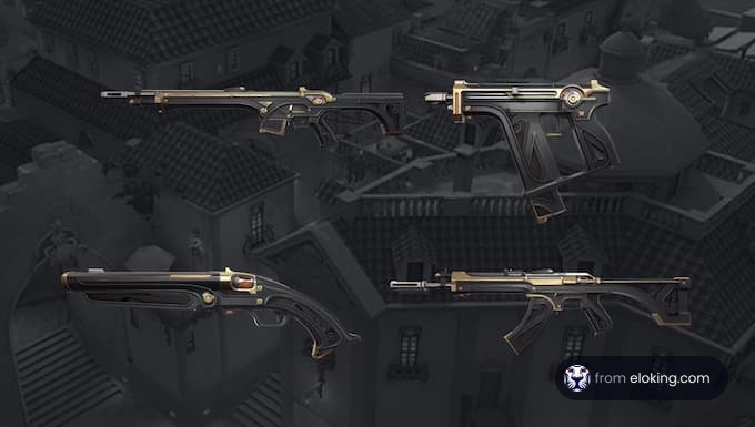 Collection of antique firearms displayed over a stylized urban background