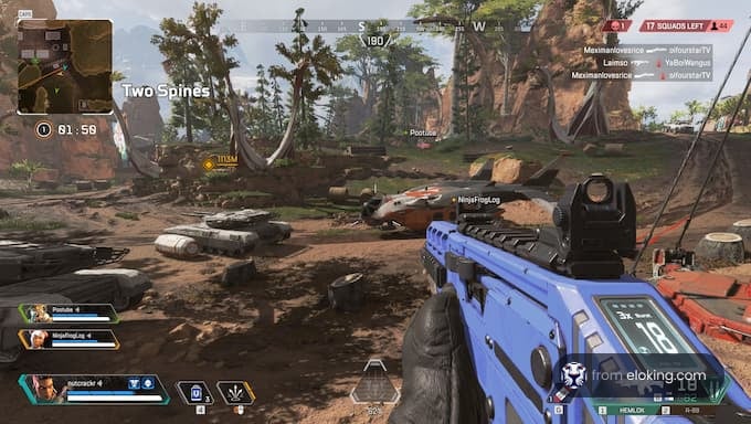 A player aiming with a blue weapon in Apex Legends at the Two Spines location.